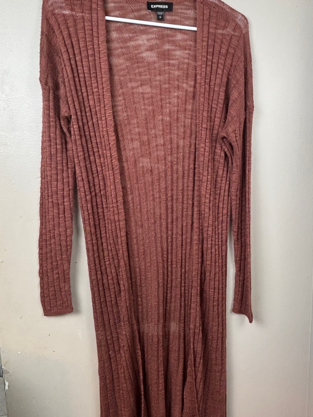 Express Long Ribbed Open-Front Cardigan - Dusty Rose Brown